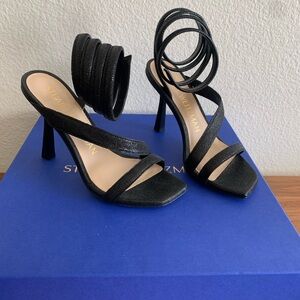 NEW Stuart Weitzman Beatrix Black Glitter Ankle Wrap Sandal Size 6 US/36.5 EU